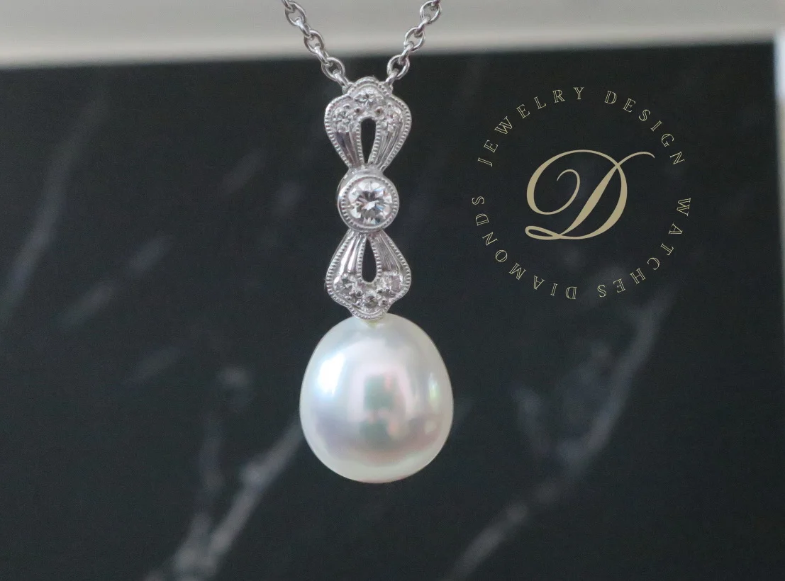 天然 南洋白色珍珠項鍊/吊墬 鑲崁鑽石樣式 高貴典雅