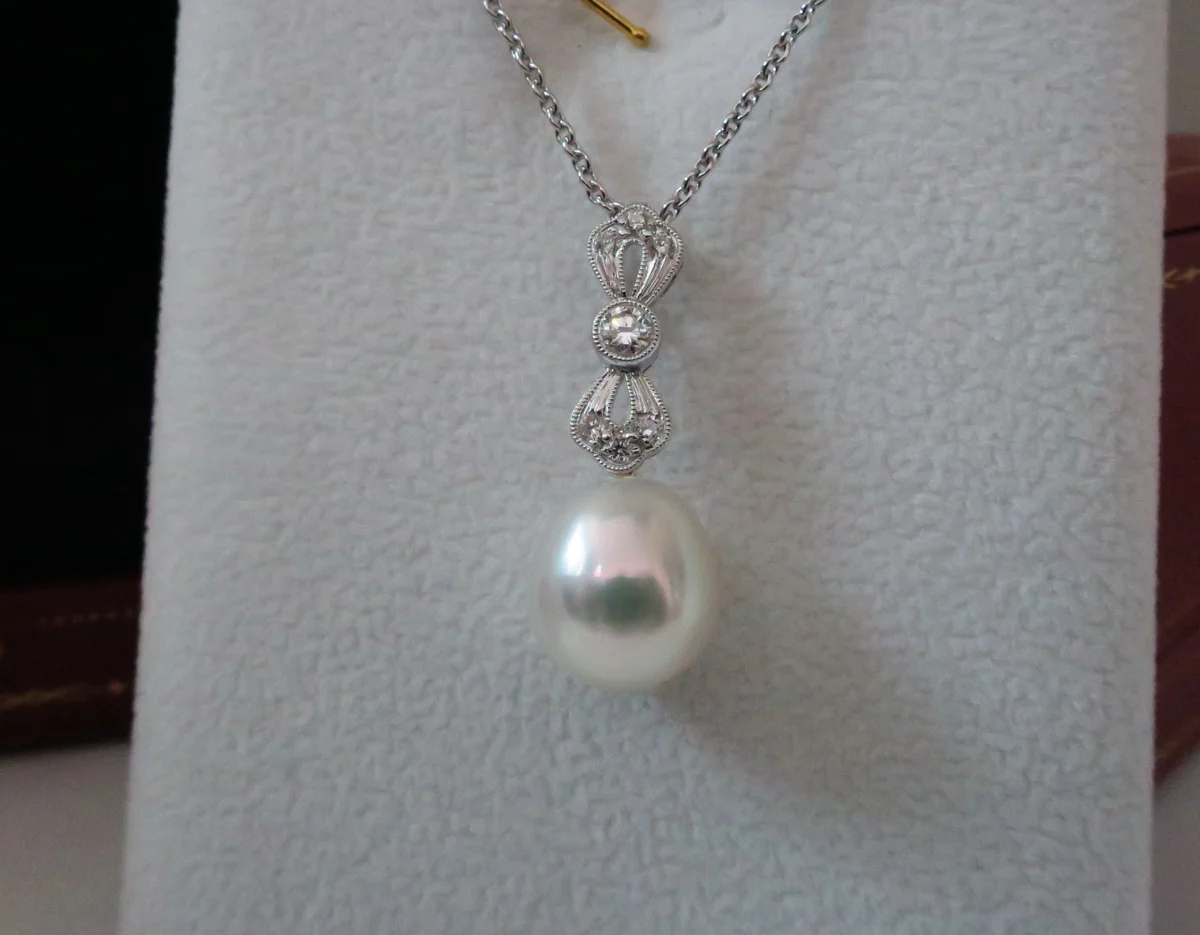 天然 南洋白色珍珠項鍊/吊墬 鑲崁鑽石樣式 高貴典雅 圖2